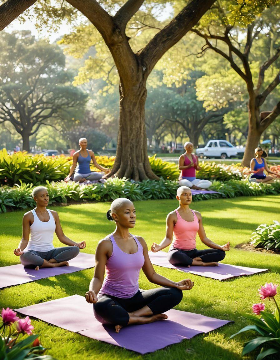 A serene and uplifting scene featuring a diverse group of cancer survivors engaging in holistic wellness activities, such as yoga in a lush New Orleans park. Incorporate elements like vibrant flowers, soothing sunlight filtering through trees, and a warm community atmosphere. Include symbols of hope, like ribbons and lotus flowers, in the background to signify resilience. super-realistic. vibrant colors. 3D.