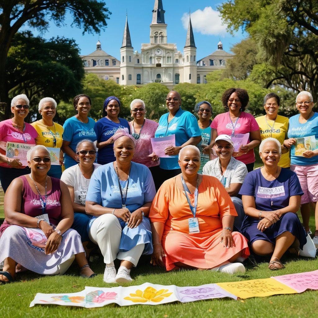 A vibrant scene depicting a diverse group of cancer survivors in New Orleans, gathered in a sunny park, sharing stories and laughter. Surrounding them are colorful banners and lotus flowers symbolizing hope and resilience, with the iconic New Orleans architecture in the background. The atmosphere is filled with warmth and positivity, embodying community support. super-realistic. vibrant colors. sunny setting.
