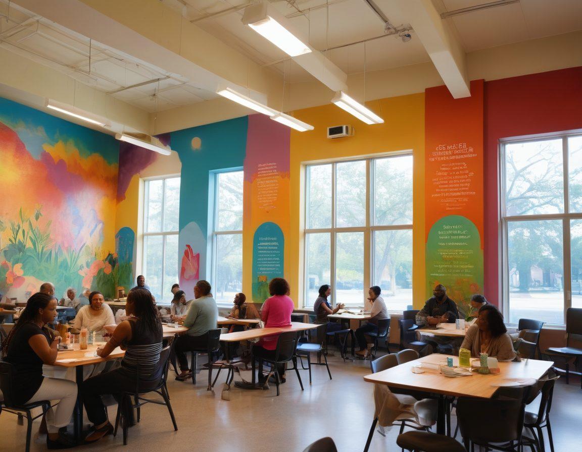 A diverse group of individuals in a vibrant New Orleans community center, engaging in discussions and sharing resources about cancer treatment and wellness. Bright murals of resilience and hope adorn the walls, while tables with informative brochures and healthy food options are visible. The atmosphere is warm and inviting, filled with sunlight streaming through large windows, symbolizing empowerment through knowledge. super-realistic. vibrant colors. community-focused.
